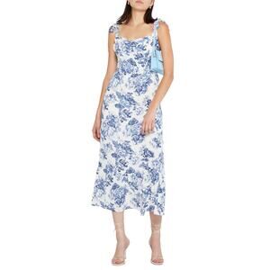 O.P.T White Blue Toile de Jouy Floral Midi Dress Size 8